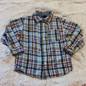 Tommy Hilfiger Boys Plaid Button Down Blue Convertible Sleeve 100% Cotton 4T